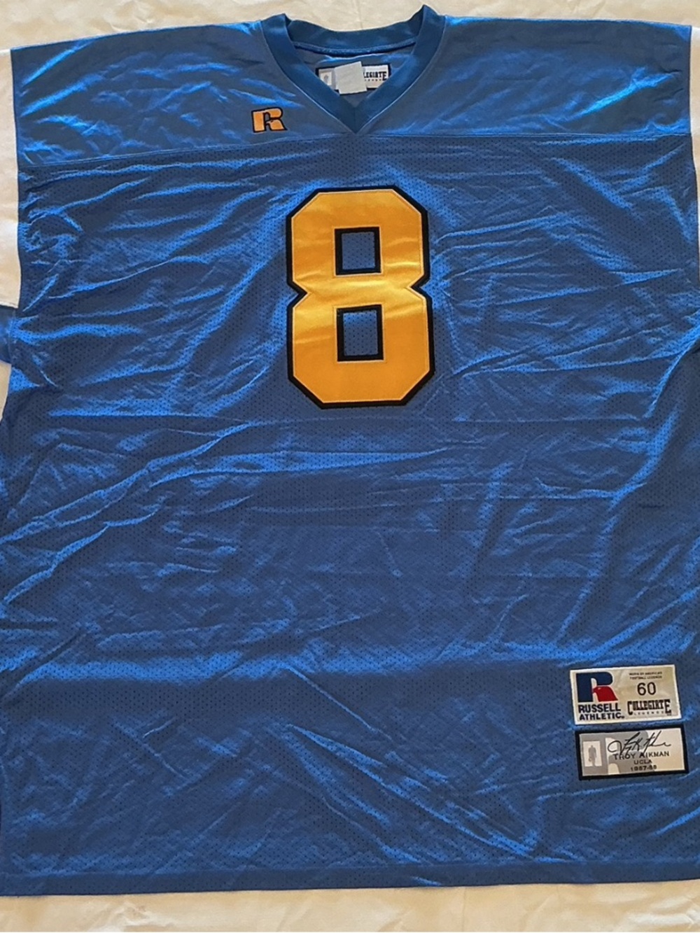 Russell Athletic Blue Football Jersey with Yellow Number 8 and Black Outline